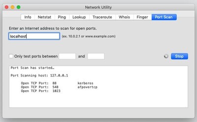 network utility – port scan to scan for open ports on your mac.